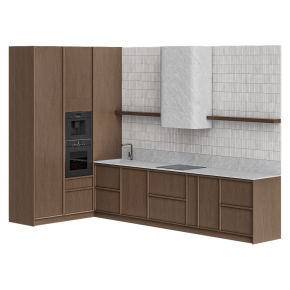 A wooden kitchen with a white apron front.