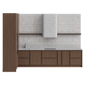 A wooden kitchen with a white apron front.