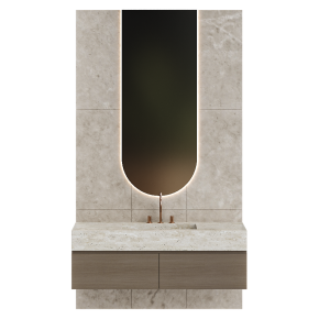 Bathroom design with a wall-mounted vanity and a mirror.