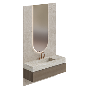 Bathroom design with a wall-mounted vanity and a mirror.