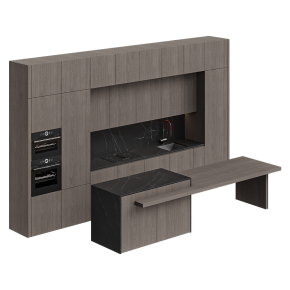 A minimalist wooden kitchen with an island.