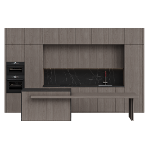 A minimalist wooden kitchen with an island.