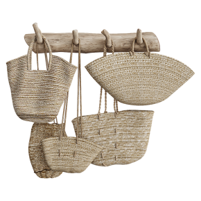 Wall-mounted wooden coat rack with hooks.