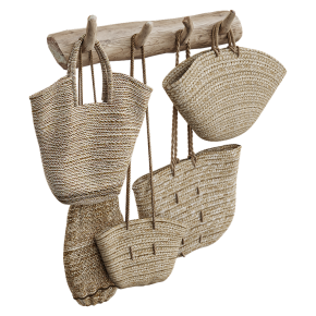 Wall-mounted wooden coat rack with hooks.