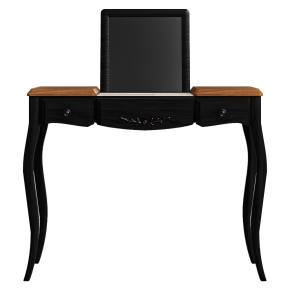 Dressing table with a fold-down mirror.