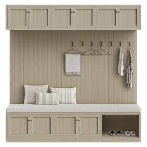 A wooden entryway with decor.