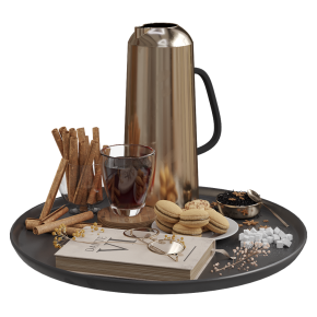 Coffee with cinnamon on a tray.