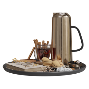 Coffee with cinnamon on a tray.