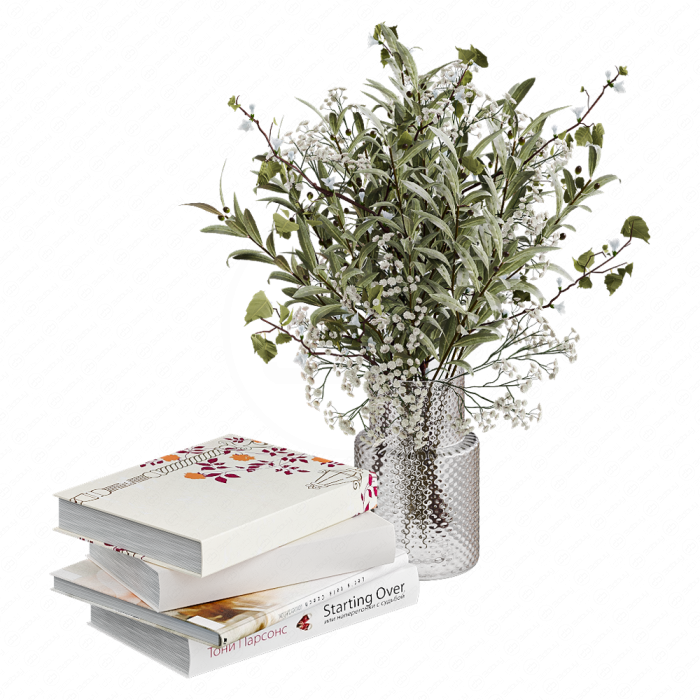 Декор с книгами и ветками растения в вазе