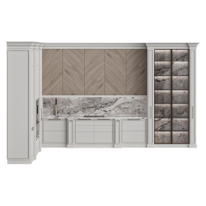 Кухня угловая серо-бежевая с фартуком из мрамора