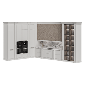 Кухня угловая серо-бежевая с фартуком из мрамора