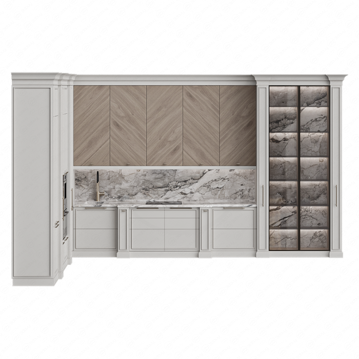 Кухня угловая серо-бежевая с фартуком из мрамора