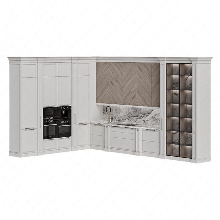 Кухня угловая серо-бежевая с фартуком из мрамора