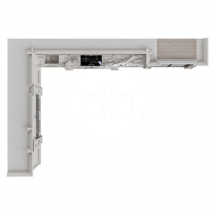 Кухня угловая серо-бежевая с фартуком из мрамора