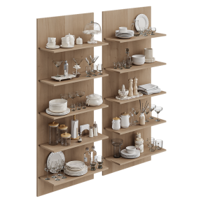 A set of tableware on the shelves