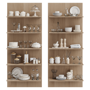 A set of tableware on the shelves