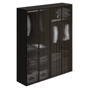 A black wardrobe with glass doors.