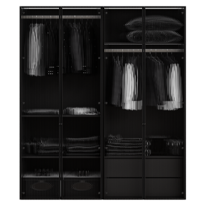 A black wardrobe with glass doors.