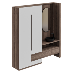 Wooden bathroom wall cabinet with an oval mirror.