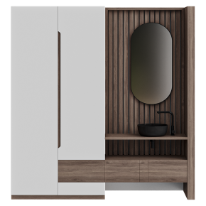 Wooden bathroom wall cabinet with an oval mirror.