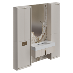 Bathroom furniture made of stone and wood with a large sink.