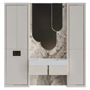 Bathroom furniture made of stone and wood with a large sink.