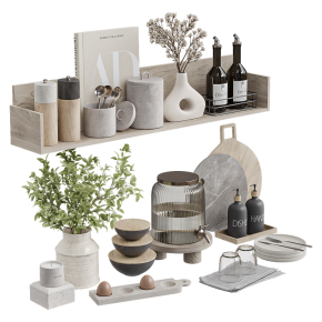 Decorative interior set with vases and small bottles.