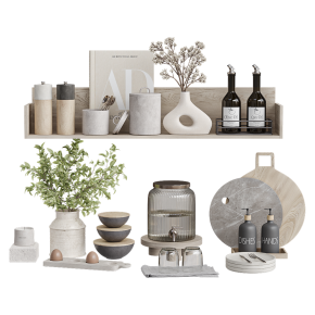 Decorative interior set with vases and small bottles.