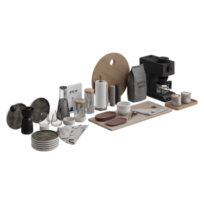 Decorative kitchen set with tableware and coffee.