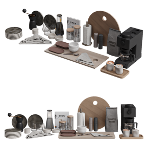 Decorative kitchen set with tableware and coffee.