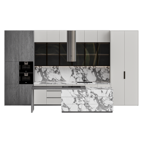 Кухня бело-серая с островом из мрамора