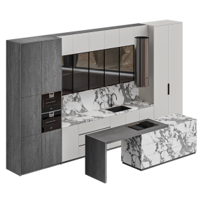 Кухня бело-серая с островом из мрамора