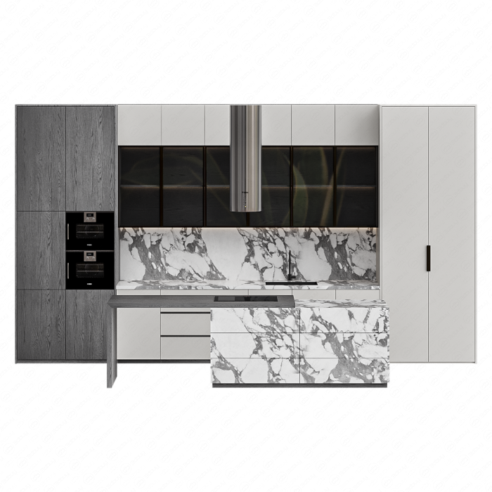 Кухня бело-серая с островом из мрамора Кухня бело-серая с островом из мрамора