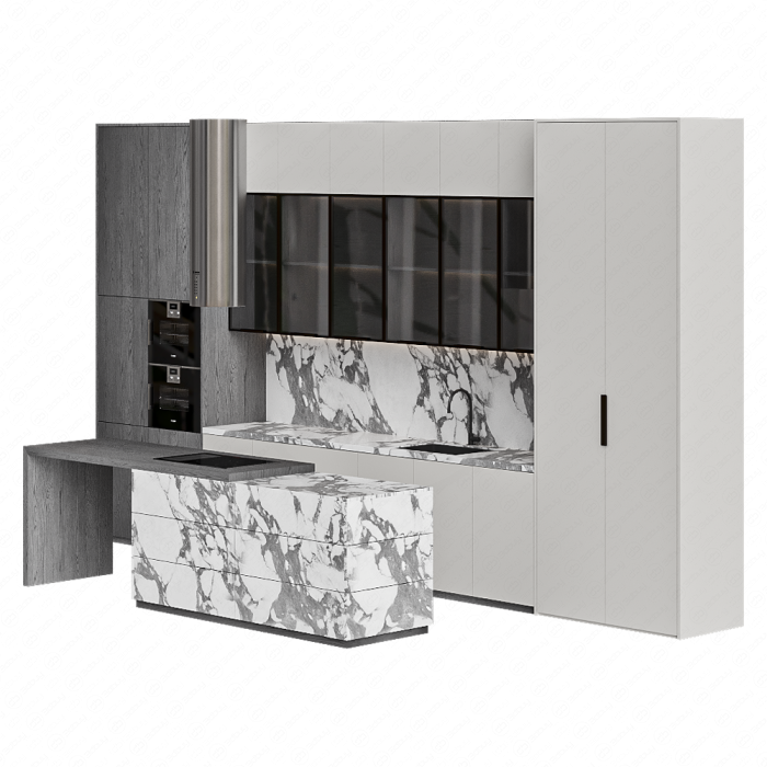 Кухня бело-серая с островом из мрамора Кухня бело-серая с островом из мрамора