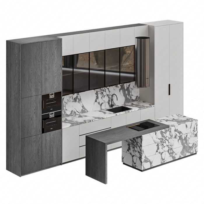 Кухня бело-серая с островом из мрамора Кухня бело-серая с островом из мрамора
