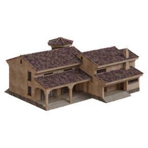 A beige stone villa with a tower.