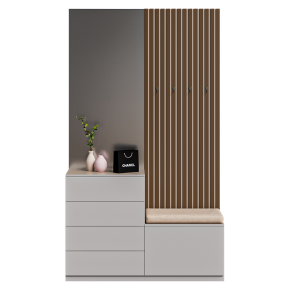 Coat rack with a cabinet, a seat, and a mirror.
