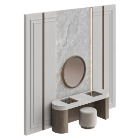 A console table with a mirror on a stone wall.