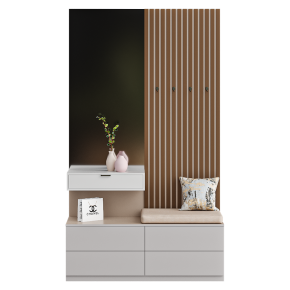 A coat rack with a pouf in the hallway.