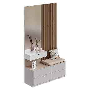 A coat rack with a pouf in the hallway.