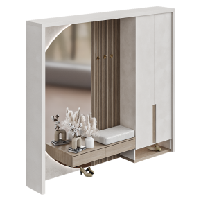Walk-in closet with a mirror and a vase of dried flowers.