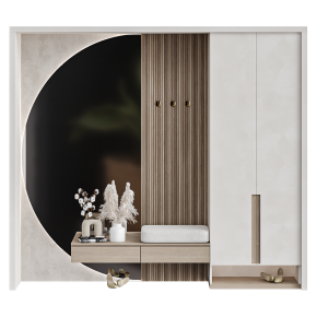 Walk-in closet with a mirror and a vase of dried flowers.