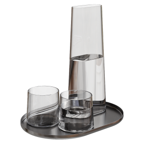 A set of glasses and a carafe on a tray.