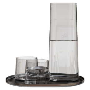 A set of glasses and a carafe on a tray.