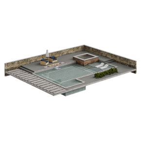 A model of a backyard with a pool.