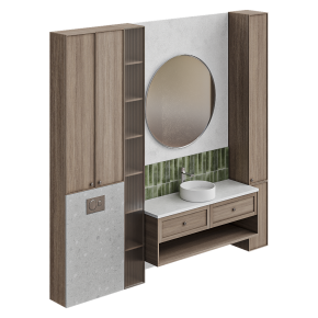 Оформление ванной с круглым зеркалом и хранением