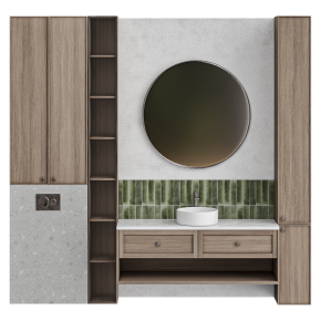 Оформление ванной с круглым зеркалом и хранением