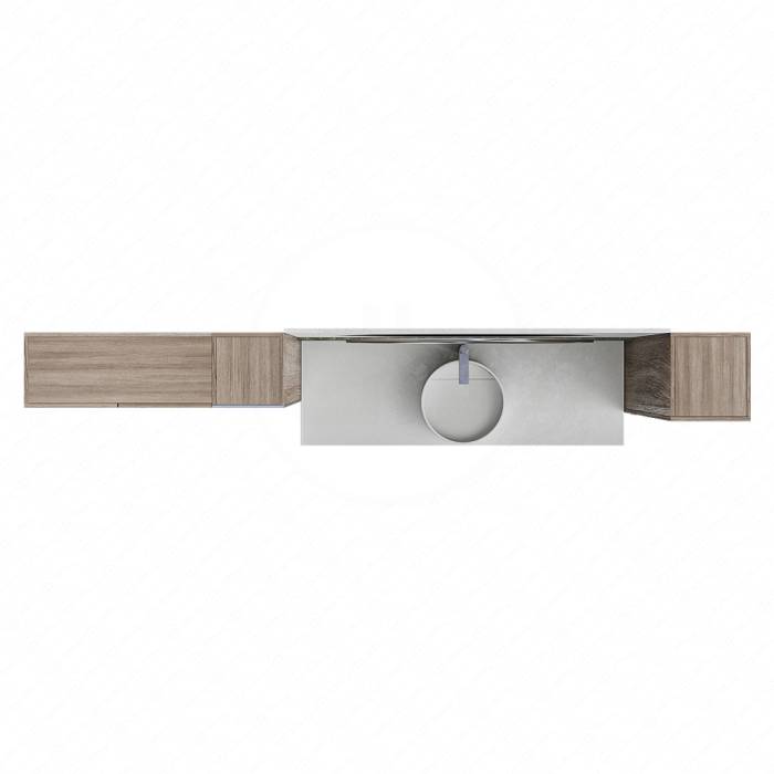 Оформление ванной с круглым зеркалом и хранением