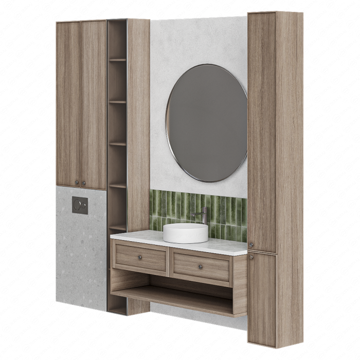 Оформление ванной с круглым зеркалом и хранением