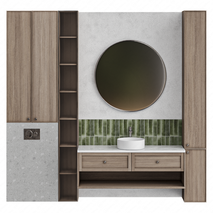 Оформление ванной с круглым зеркалом и хранением